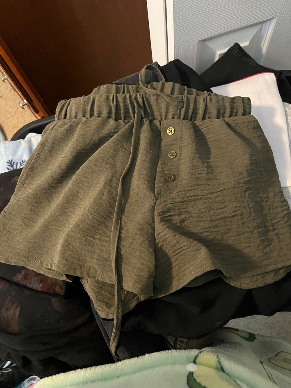 Women's Olive Drawstring Button-Front Shorts